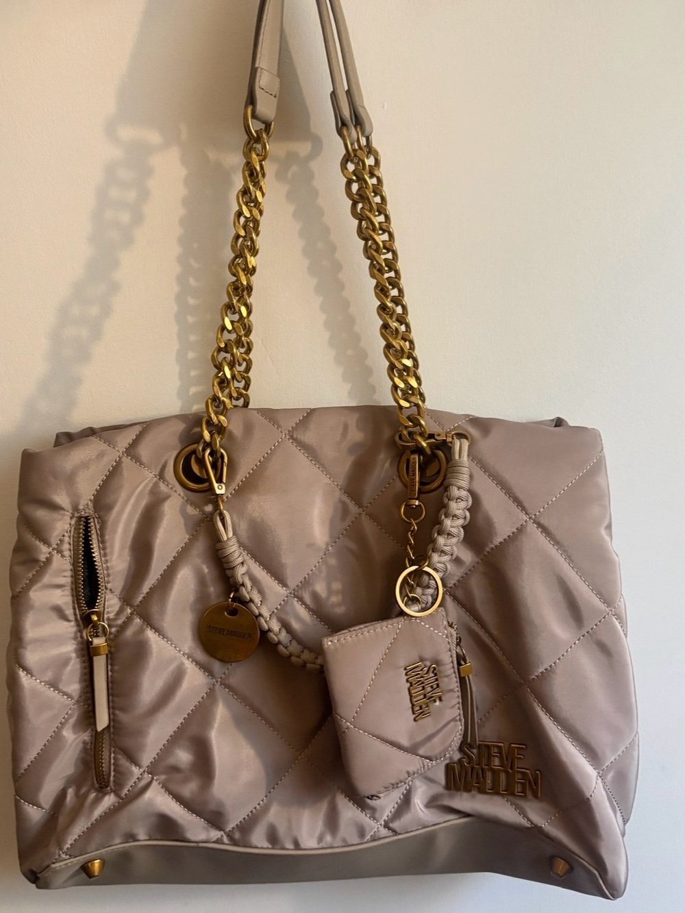 Steve Madden Quilted Shoulder Tote in Taupe with Gold Hardware